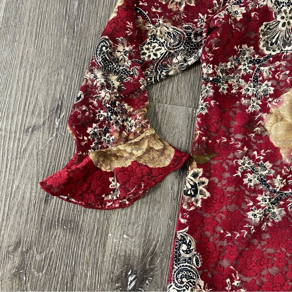 Y2K lace floral women’s blouse size large v-neck red 3 quarter sleeve - Picture 4 of 6